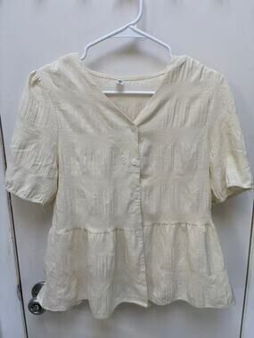 Pale Yellow V-Neck Peplum Blouse Seersucker Button Short Sleeve Cottagecore S